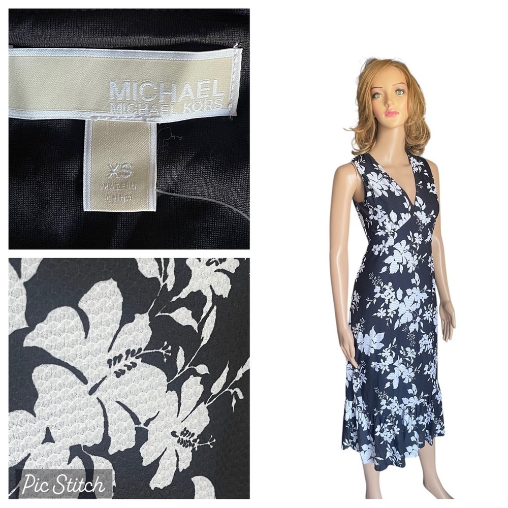 New! MICHAEL KORS Floral
Ruffled Hem Sleeveless Midi
Dress Black White XS and S
